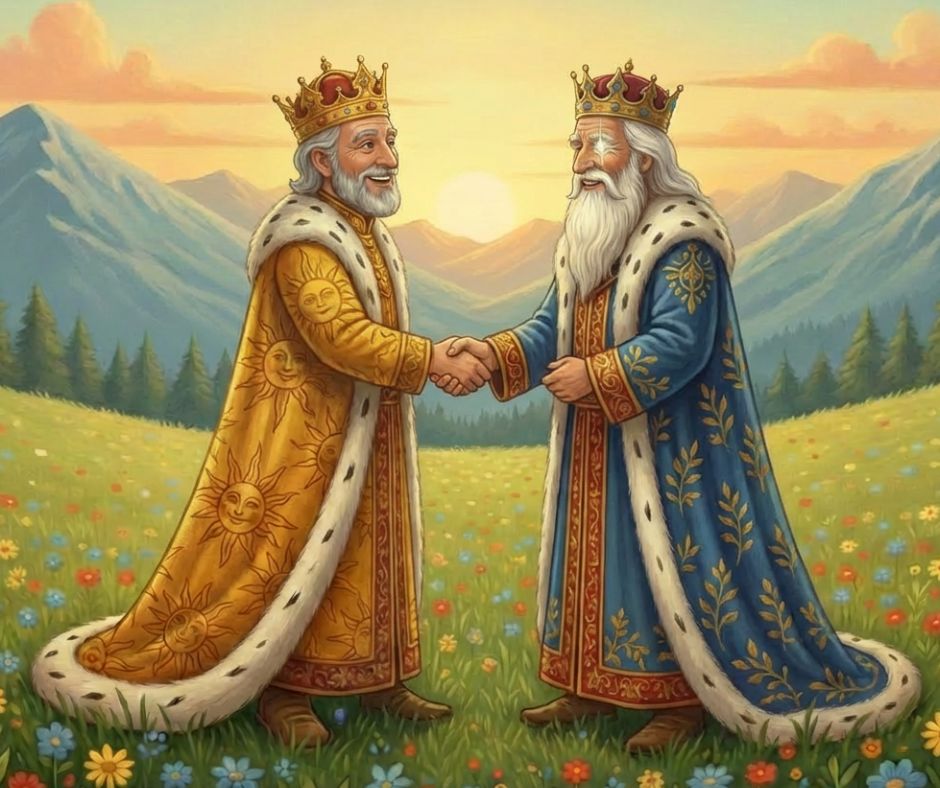 Aranykirály és Rubinszem király békét köt Aranykirály és Rubinszem király kézfogással kibékülnek egy virágos hegyi réten, mögöttük naplemente és kék hegycsúcsok a mesebeli tájban.