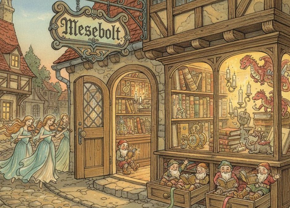 Varázslatos mesebolt belseje, fiókokban törpék, hegedülő vízilányok a pult mellett, vintage stílusú mesekönyv-illusztráció