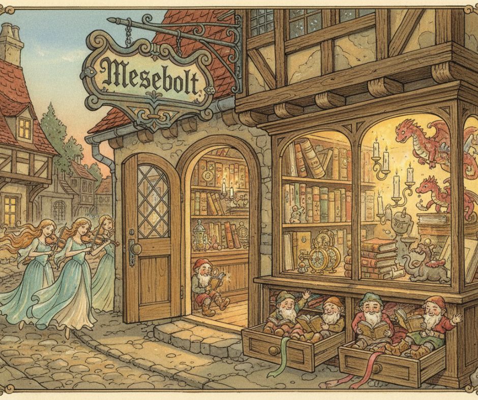 Volt egyszer egy mesebolt – meseillusztráció Varázslatos mesebolt belseje, fiókokban törpék, hegedülő vízilányok a pult mellett, vintage stílusú mesekönyv-illusztráció
