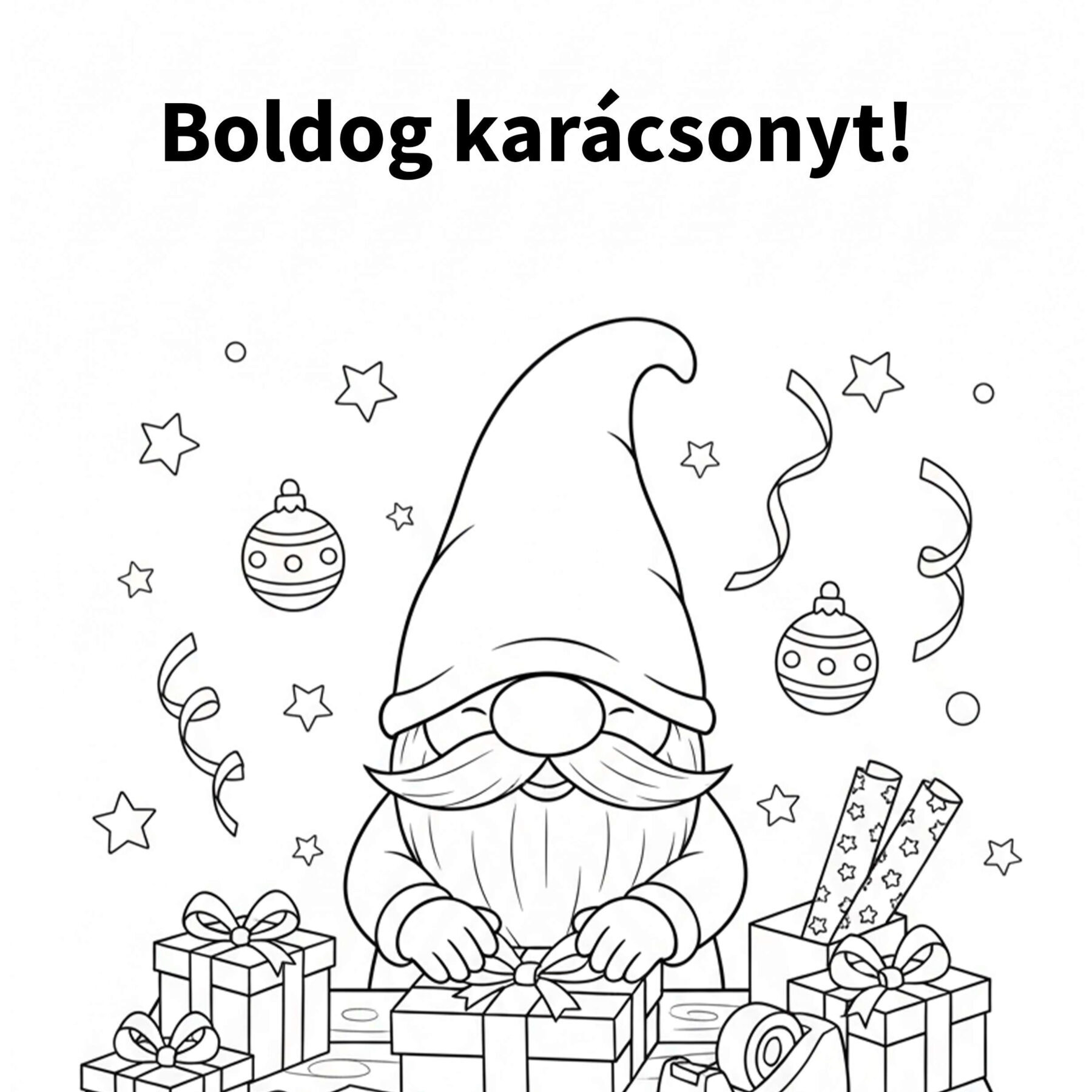 Ajándékcsomagoló manó színező borító: dobozok, szalag, olló és csomagolópapír az asztalon