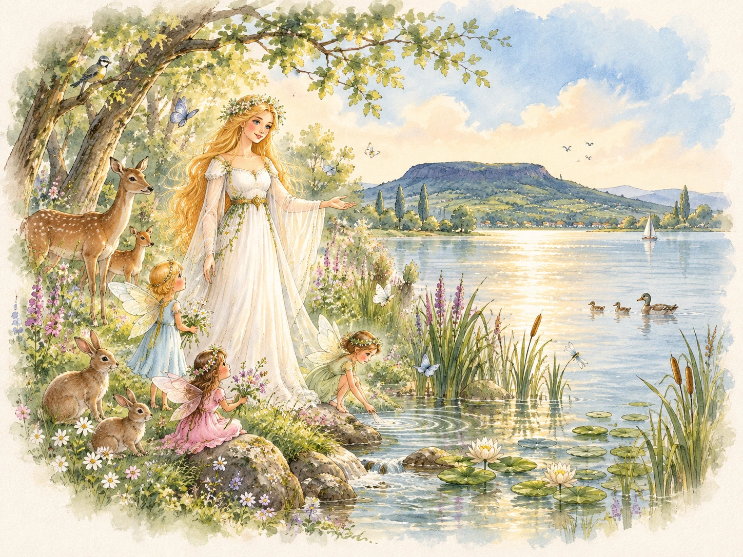 A tündérkirálynő a Balaton helyén elterülő varázslatos ligetben, háttérben a Badacsony